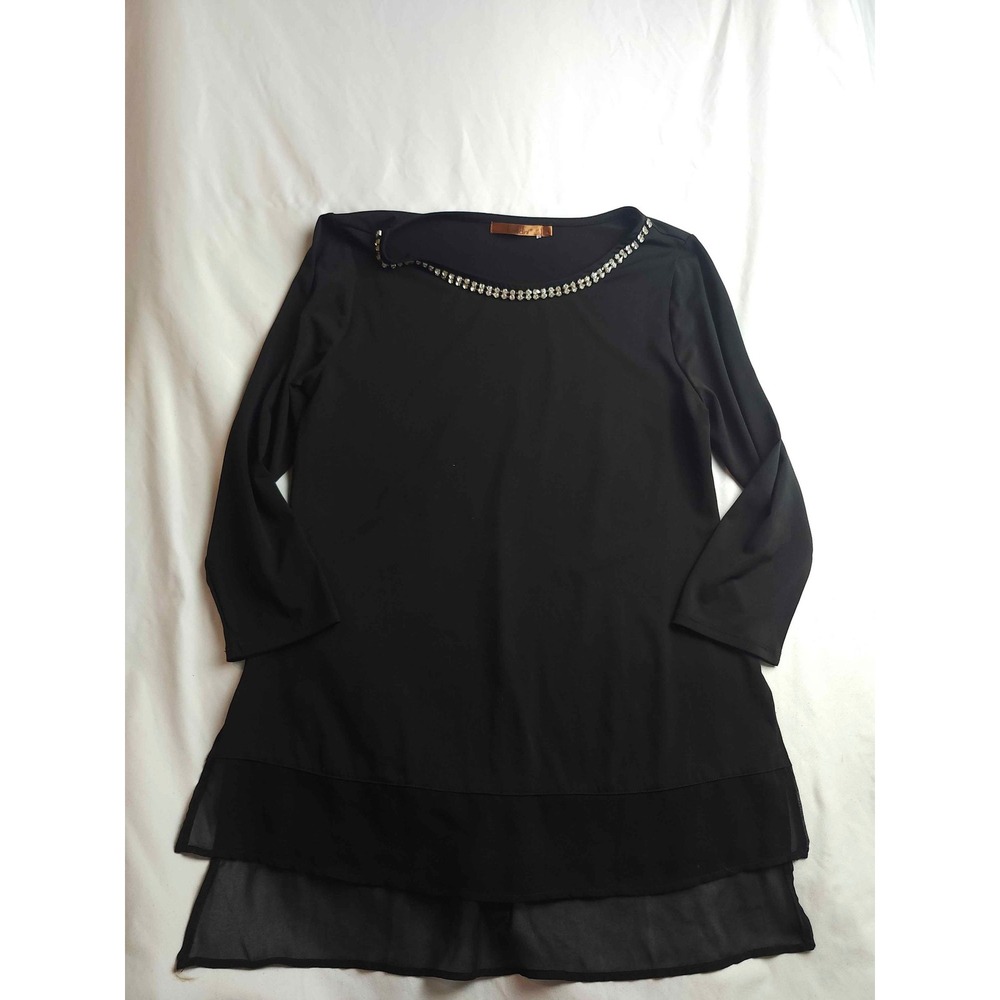 Beldini Black Rhinestone Neck Layered Chiffon Hem Tunic Top‎ 3/4 Sleeve Small